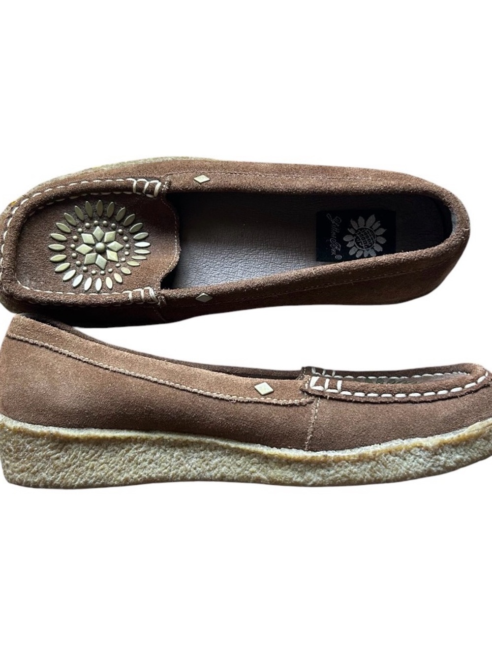 Yellow Fox Brown Suede Moccasin Loafers with Gold Stud Design